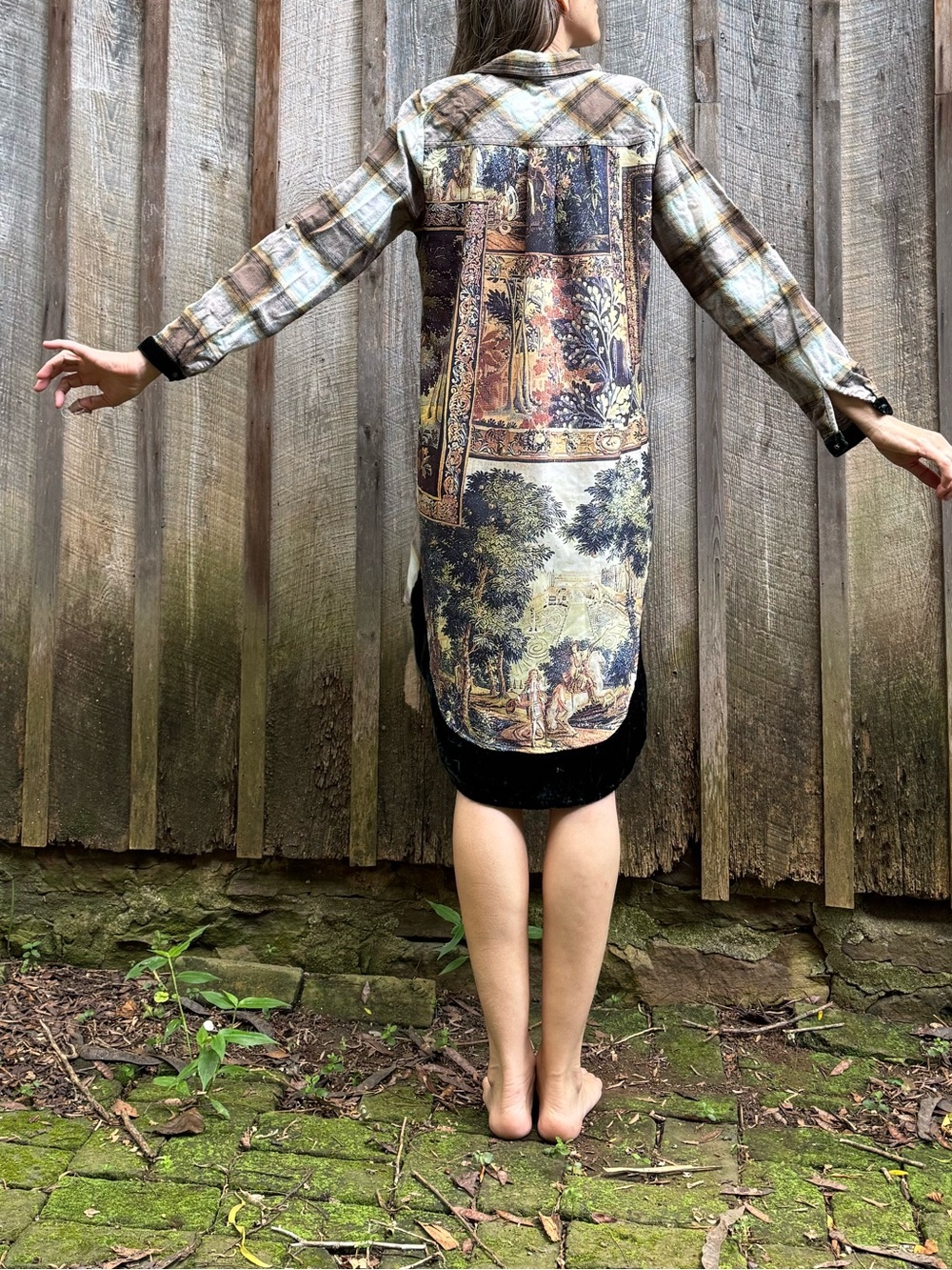 Mixed Media Scenic Panel Back Brown Plaid Shirt Dress Trimmed in Green Velvet - Picture 6 of 14